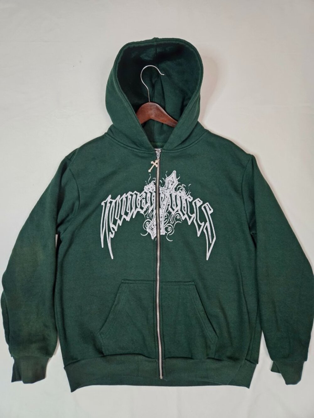 Human Vices Green Graphic Hoodie L ✝️ Crucifix Zipper Pull Oversized Streetwear